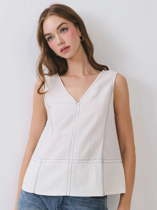 White Contrast Stitch Sleeveless V-Neck Top