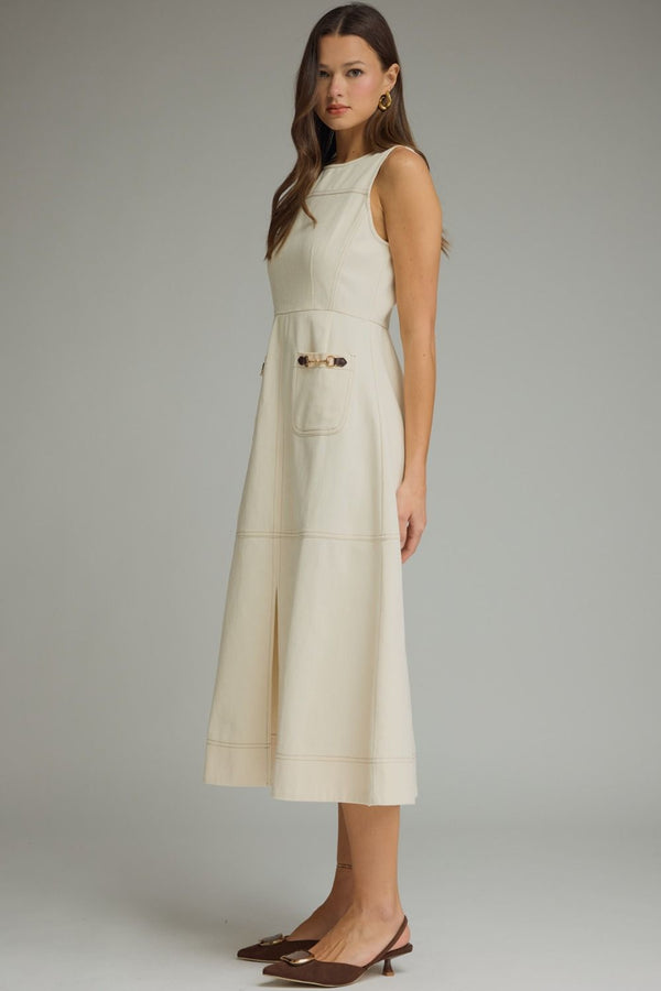 Ecru Sleeveless Midi Dress w Horsebit Accent Detail
