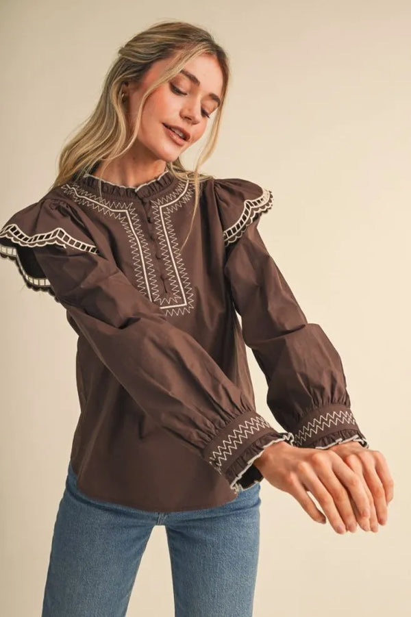Cocoa Brown Embroidered Long Sleeve Top w Ruffle Mock Neckline