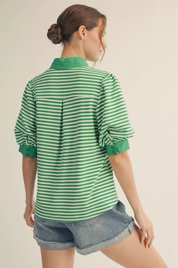 Short Kelly Green Puff Sleeves High Neck Stripe Top