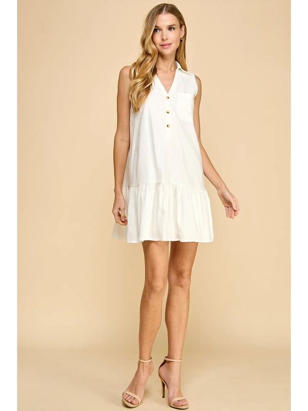 Off- White Sleeveless Dropped Waist Relaxed Fit Shirt Dress