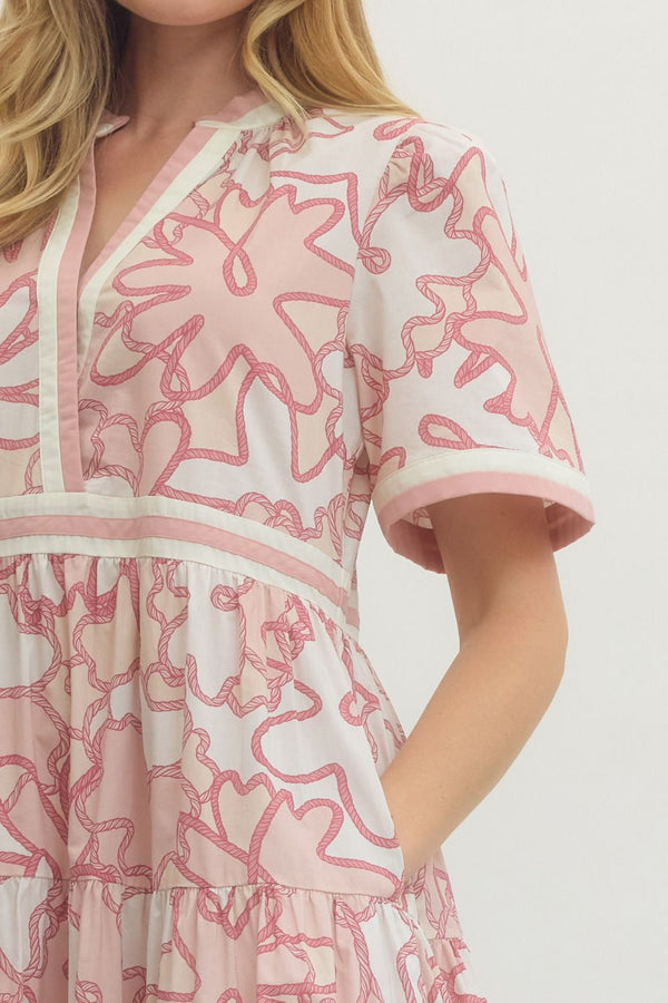 Pink Printed Short Sleeve Midi Dress w V-neck