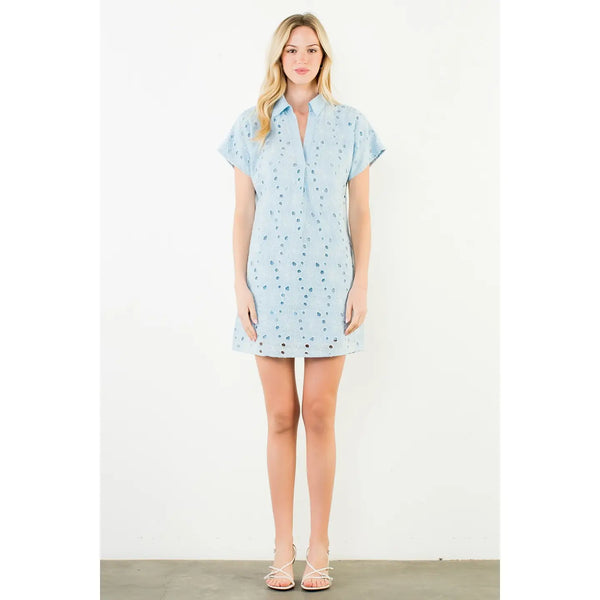 Blue Short Sleeve Floral Eyelet Embroidery Dress