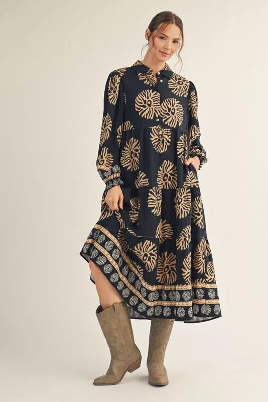 Black Tiered Boho Midi Dress