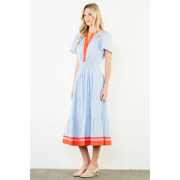 Short Sleeve Striped Textured Maxi Dress