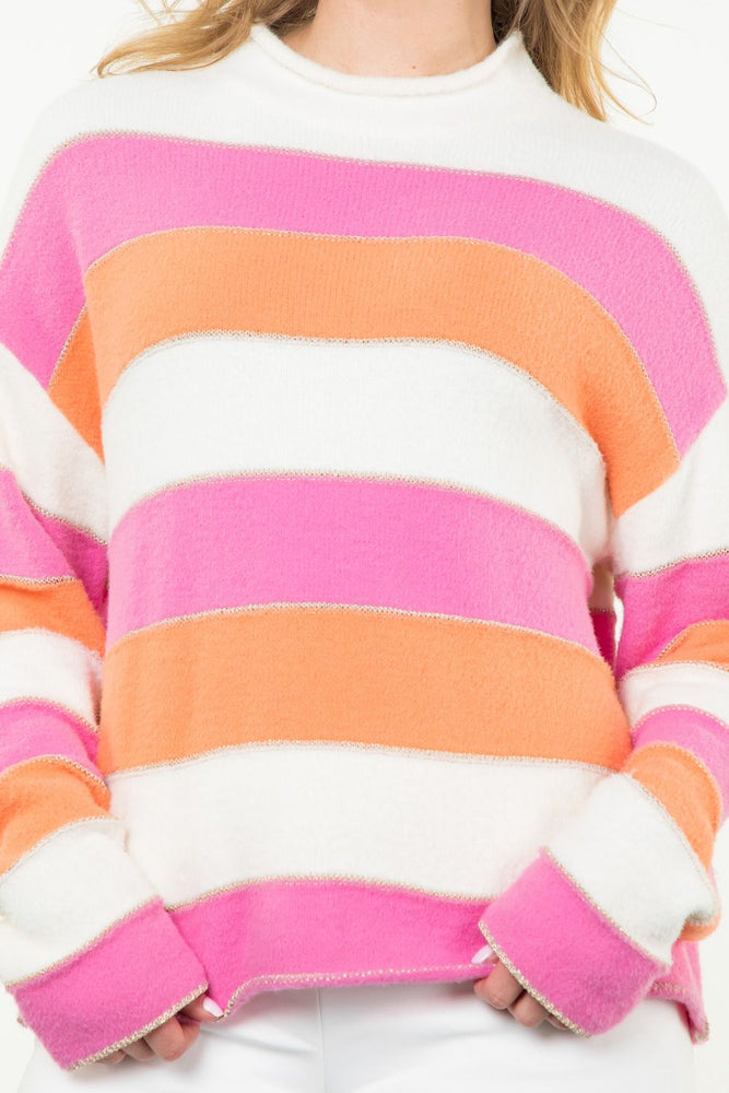 Pink/Orange Striped Pattern Knit Sweater