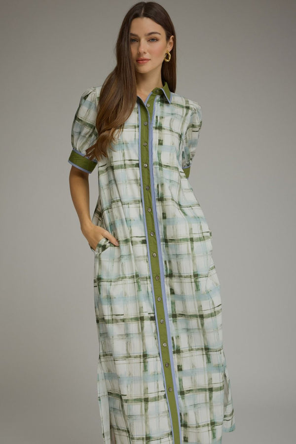 Olive Plaid Short Puff Sleeve Midi Dress
