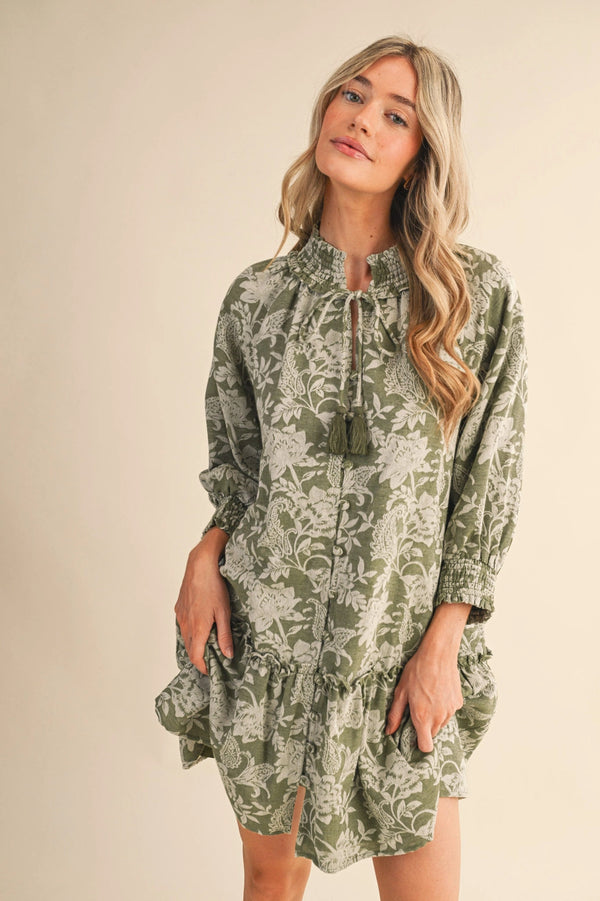 Olive Floral Jacquard Smocked Mini Dress