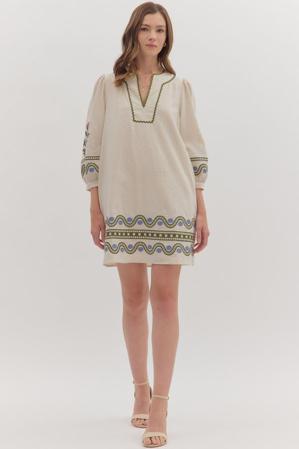 Ecru 3/4 Puff Sleeve Mini Dress Embroidered w Scallop Accent