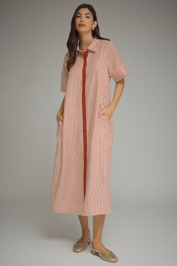 Brick Stripe Short Sleeve Midi Dress