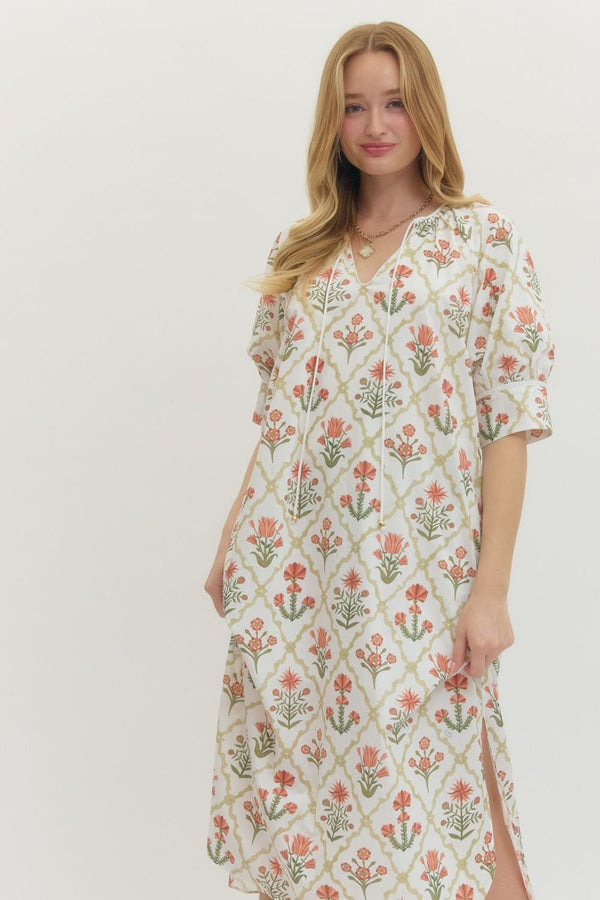 Salmon Floral Sleeve Midi Dress