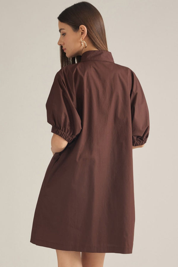 Solid Brown Short Puff Sleeve Mini Dress