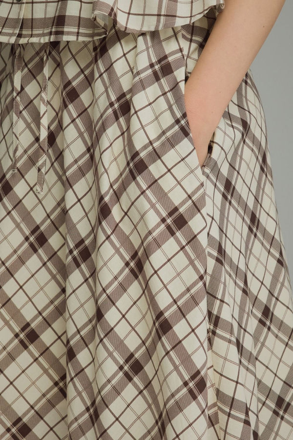 Mocha Plaid Midi Skirt w An Elasticated Waist