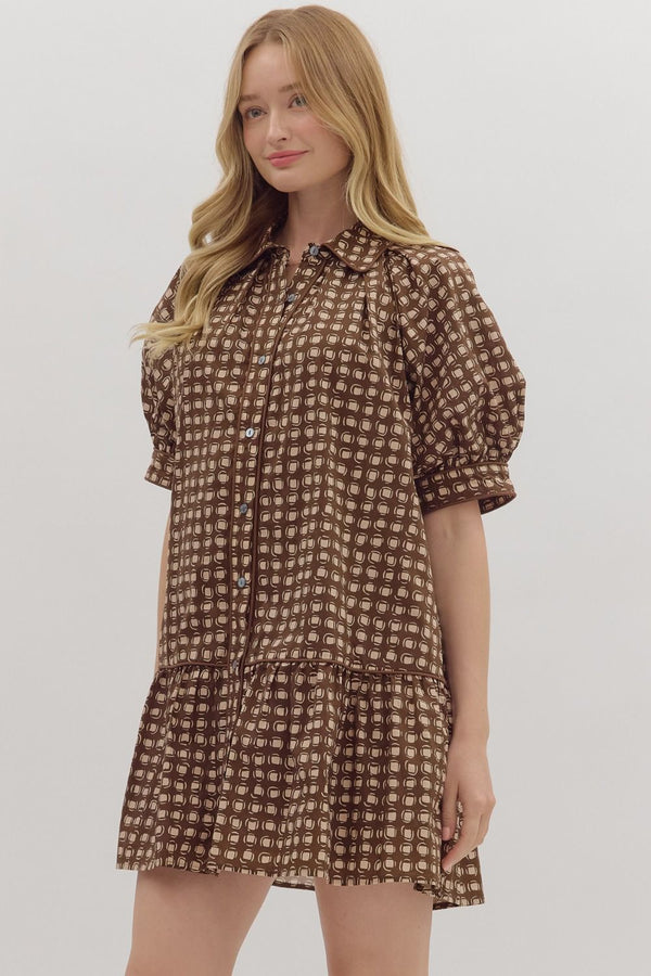 Brown Geometric Print Puff Sleeve Mini Dress