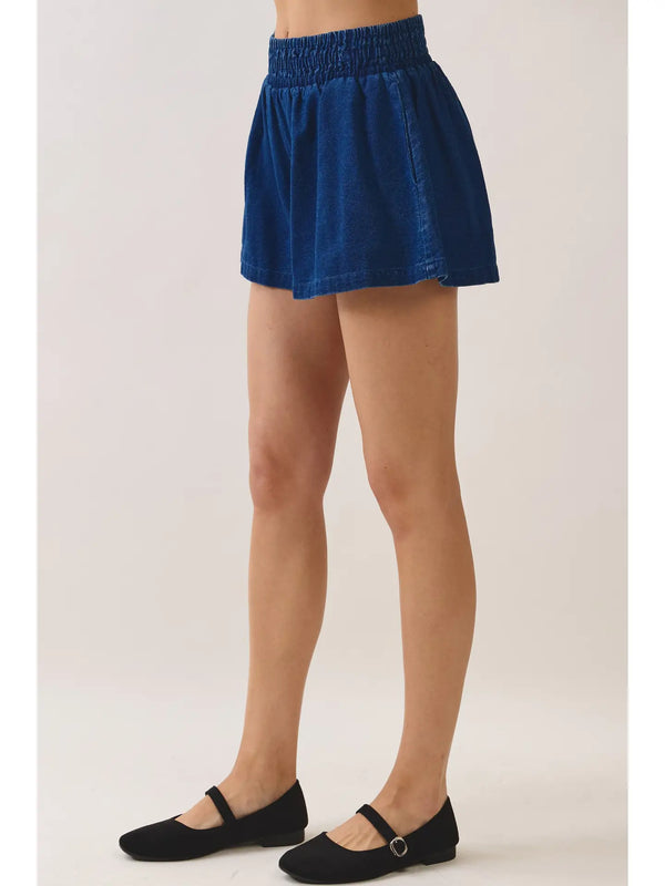 Denim Smocked Waist Side Pockets Shorts