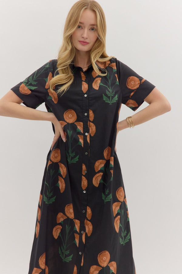 Black Floral Print Short Sleeve Midi Dress