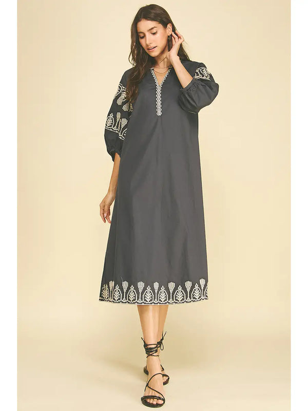 Boho Ink Embroidered Midi Dress