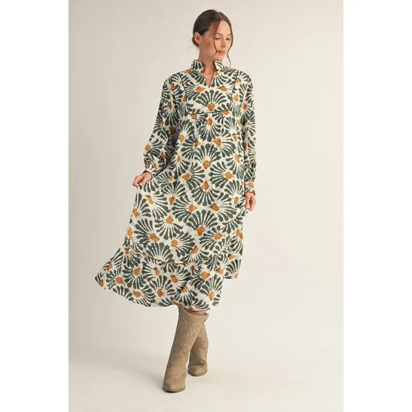Olive Boho Print Midi Dress