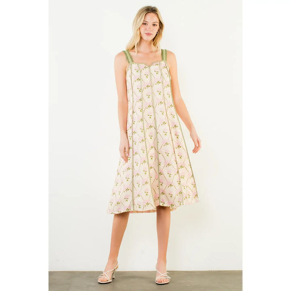 Cream Thin Strap Floral Pattern Dress