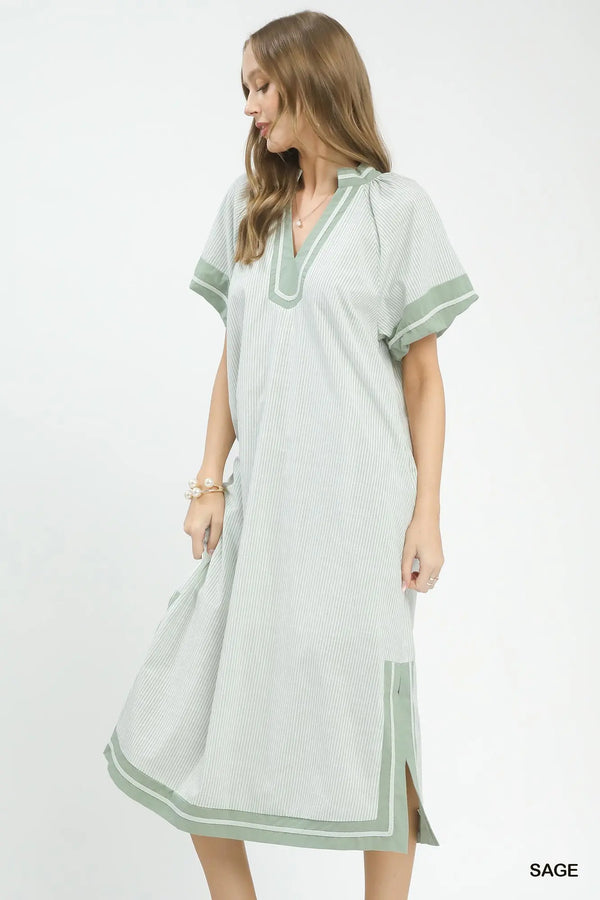 Sage Striped Mixed V-Neck Midi Dress