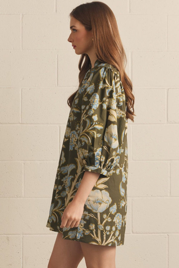 Floral Print Olive 3/4 Puff Sleeve Mini Dress
