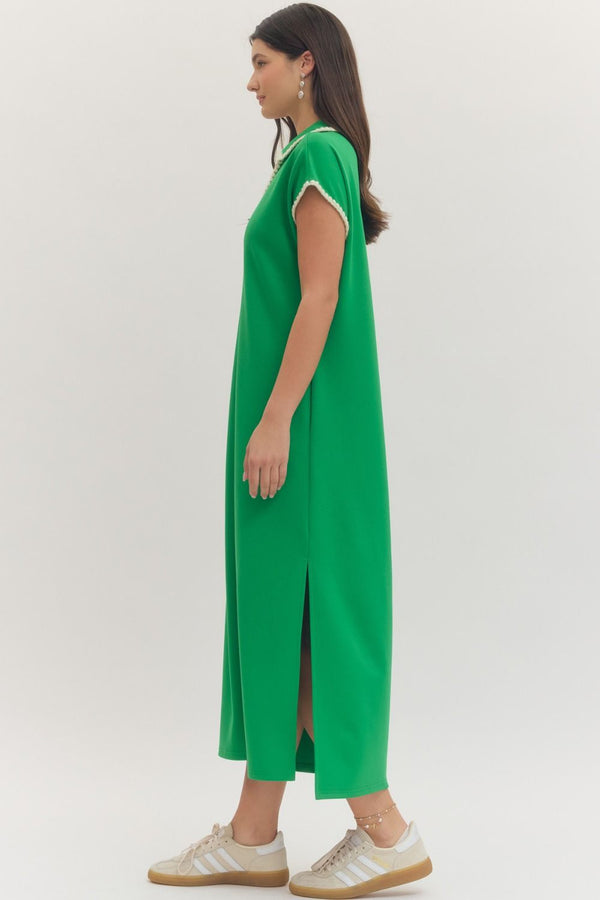 Green Solid Cap Sleeve Midi Dress w Contrast Scallop Trim