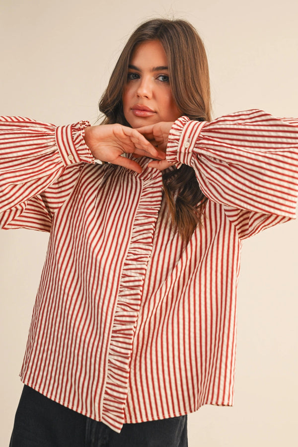 Red Striped Ruffled Button Down Long Sleeve