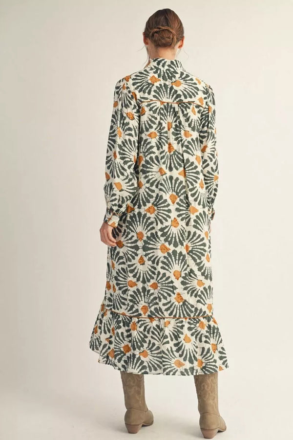 Olive Boho Print Midi Dress