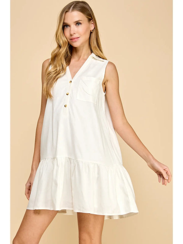 Off- White Sleeveless Dropped Waist Relaxed Fit Shirt Dress