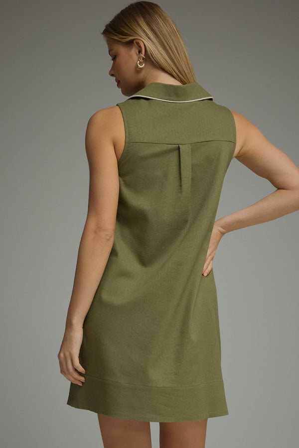 Olive Sleeveless Mini Dress w Contrast Piping