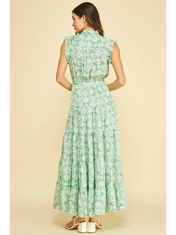 Mint Floral Print Tiered Maxi Dress