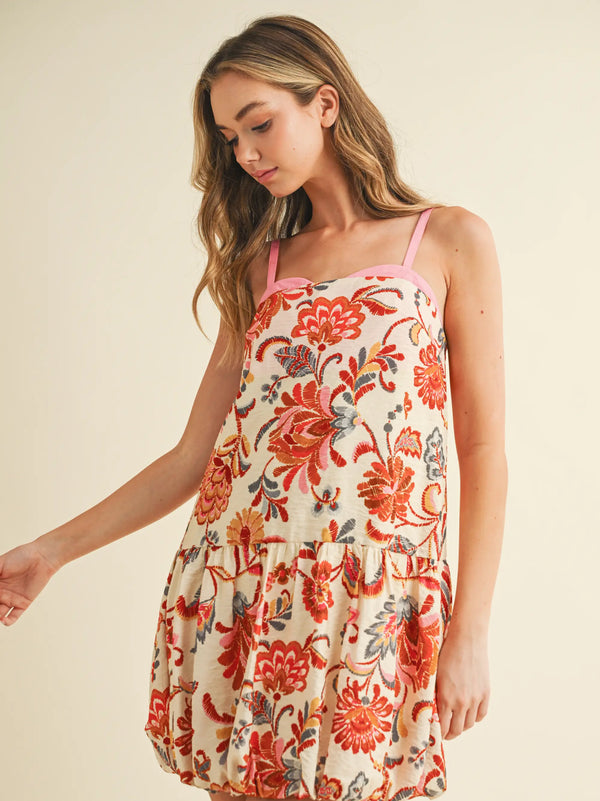 Floral Print Bubble Hem Adjustable Straps Dress