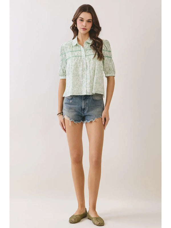 Floral Print Green Pintuck Button Down Puff Sleeve Blouse
