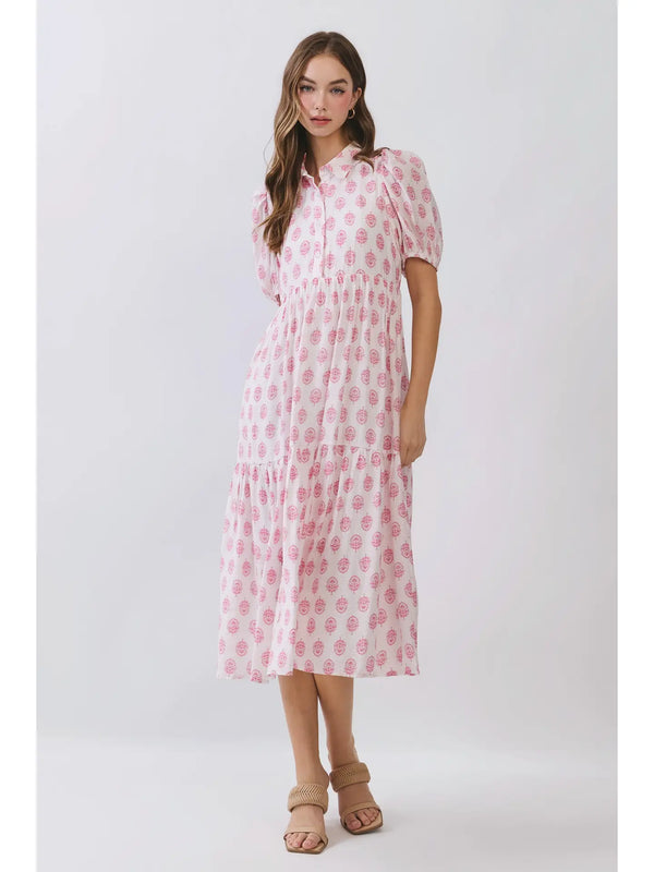 Pink Floral Print Puff Sleeve Tiered Midi Dress