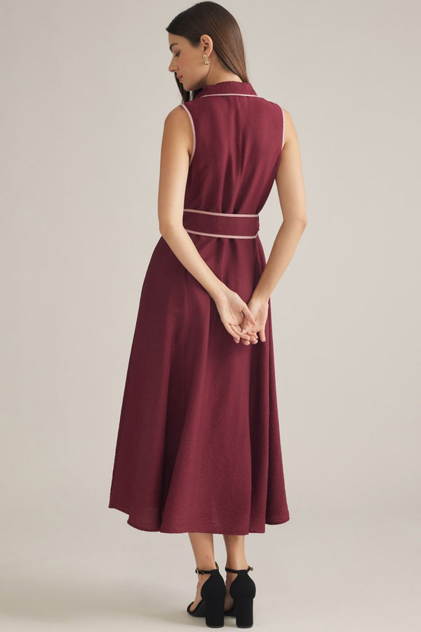Sleeveless Burgundy Midi Dress w Contrast Piping & Belt