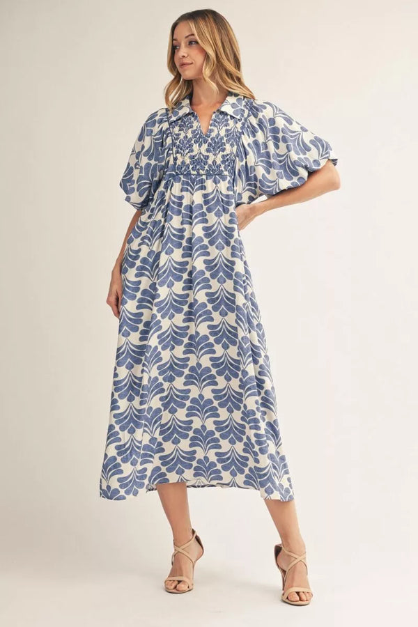 Short Puff Sleeves Denim Boho Floral Midi Dress w Smocked Chest