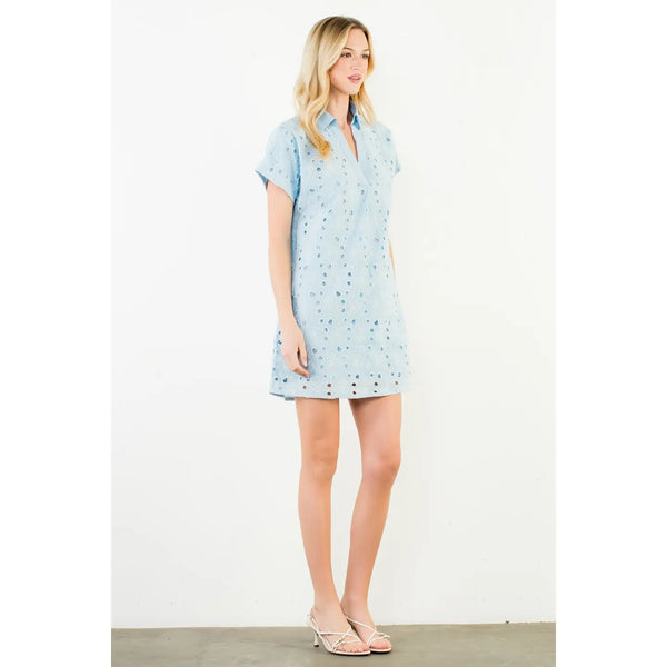 Blue Short Sleeve Floral Eyelet Embroidery Dress