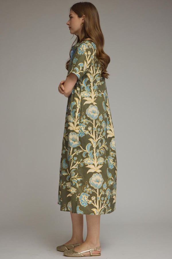 Olive Floral Print Short Sleeve Midi Dress w Contrast Trim Detail