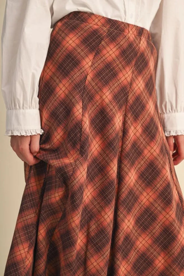 Copper Brown Plaid Maxi Skirt