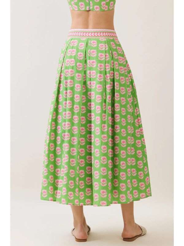 Green Floral Print Contrast Trim Detail Midi Skirt