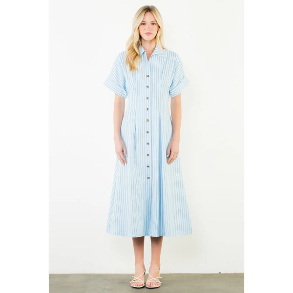 Short Sleeve Striped Button Down Dress LT. Blue