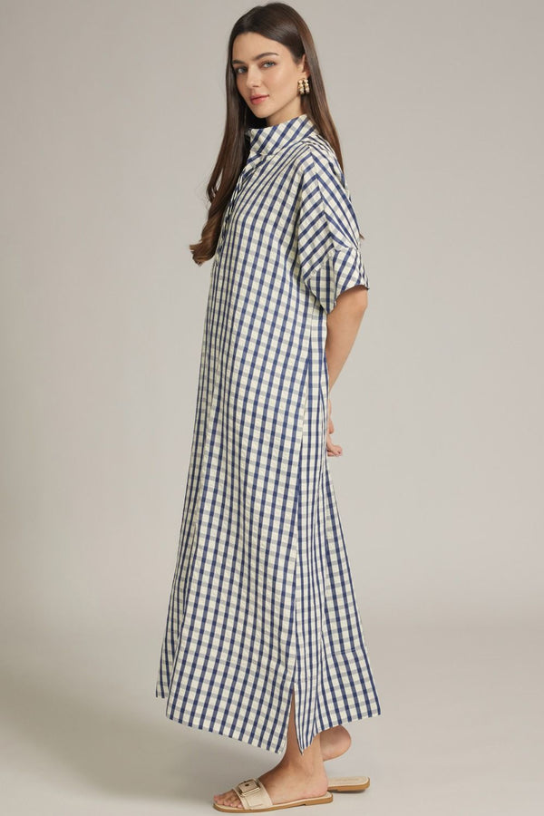 Navy Gingham Short Sleeve Midi Dress Featuring Shirt Collar