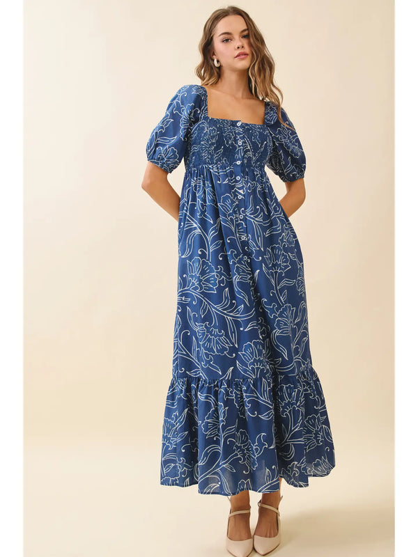 Floral Print Smocked Bodice Square Neck Maxi Dress Navy