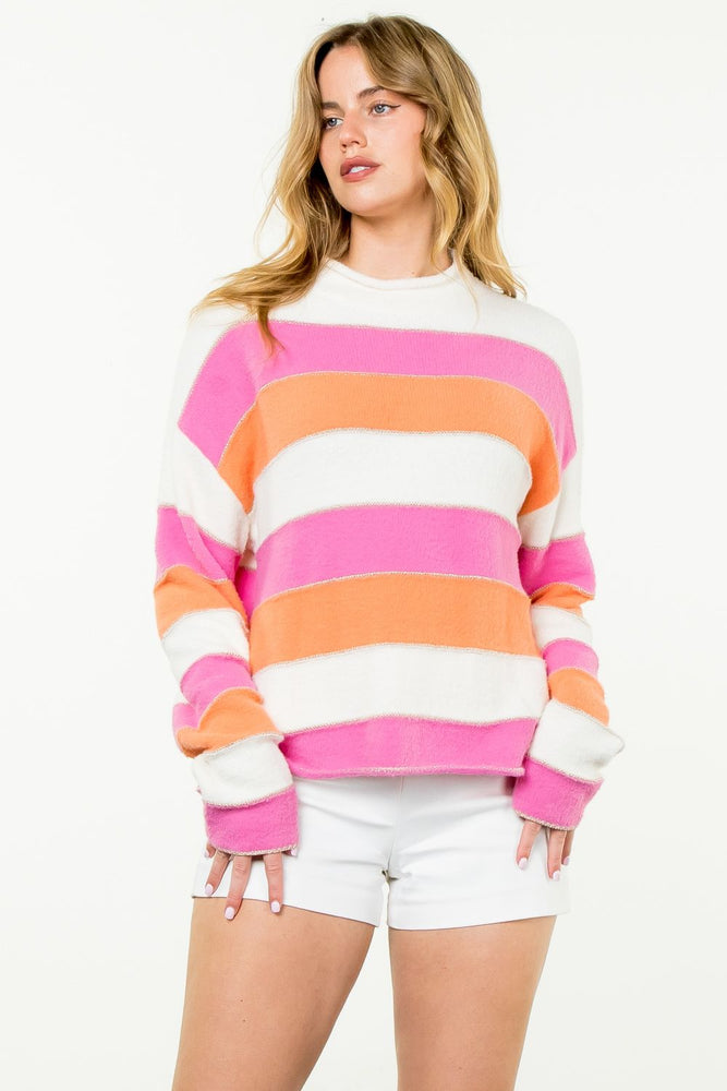 Pink/Orange Striped Pattern Knit Sweater