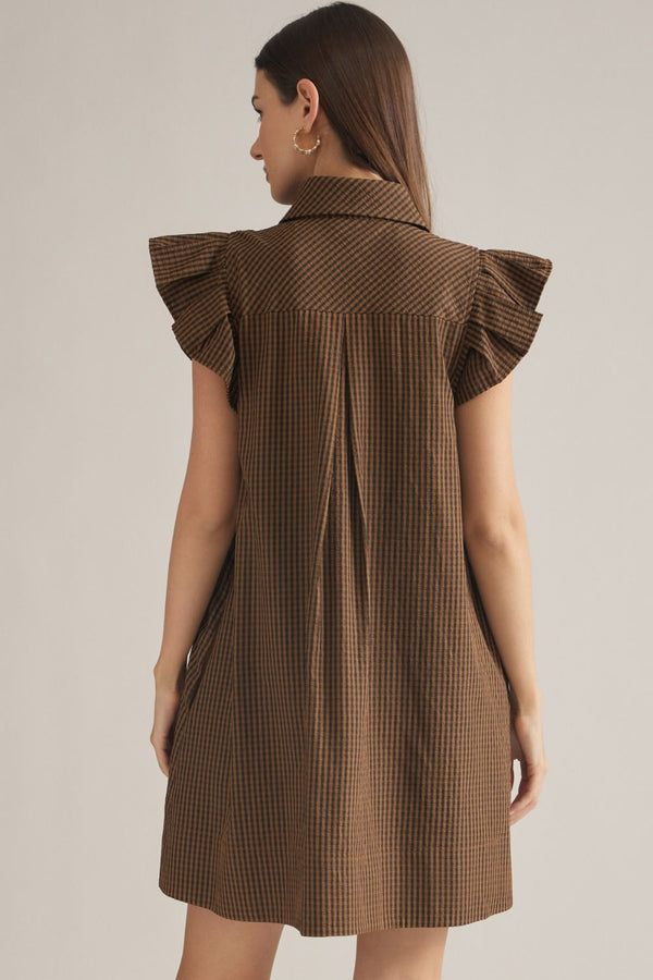 Black & Tan Gingham Ruffle Sleeve Mini Dress w Shirt-Style Neckline