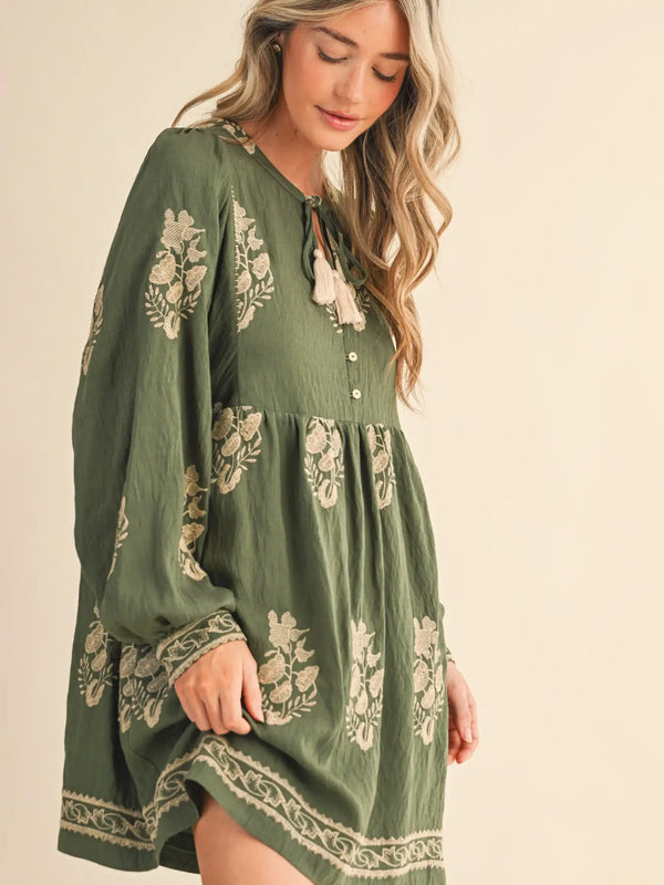 Olive Embroidered Long Puff Sleeve Mini Dress