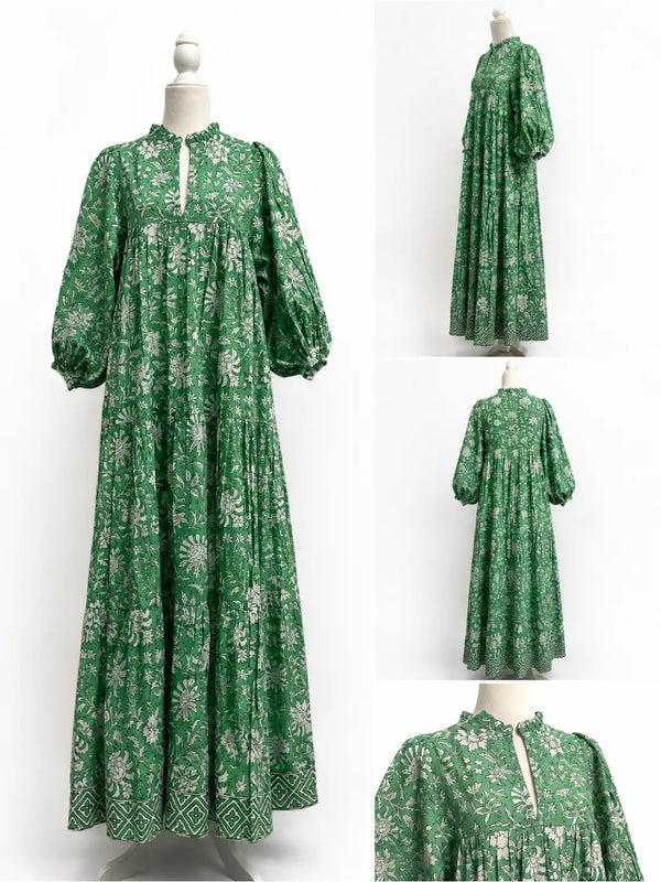 Green Floral Maxi Puff Sleeve Dress W Pockets and Belt