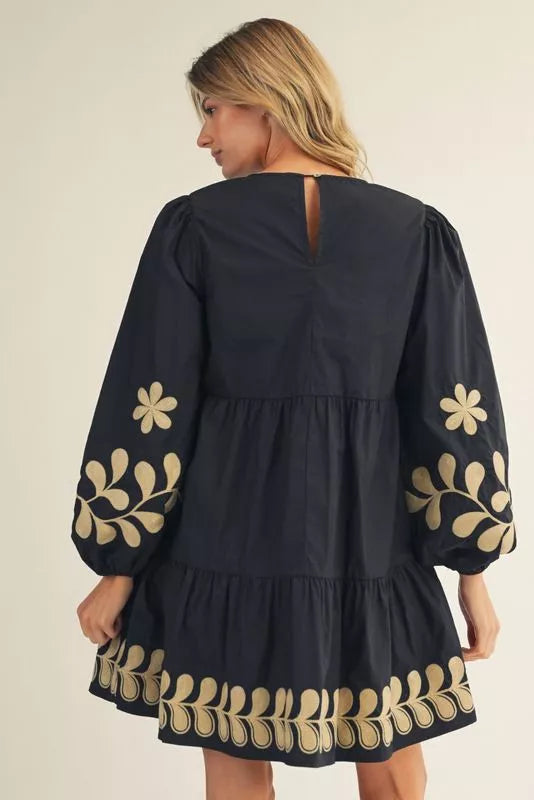 Black and Taupe Puff Sleeve EmbroideryDress