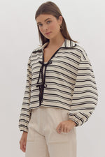 Lace Trim Tie Front Stripe Cardigan