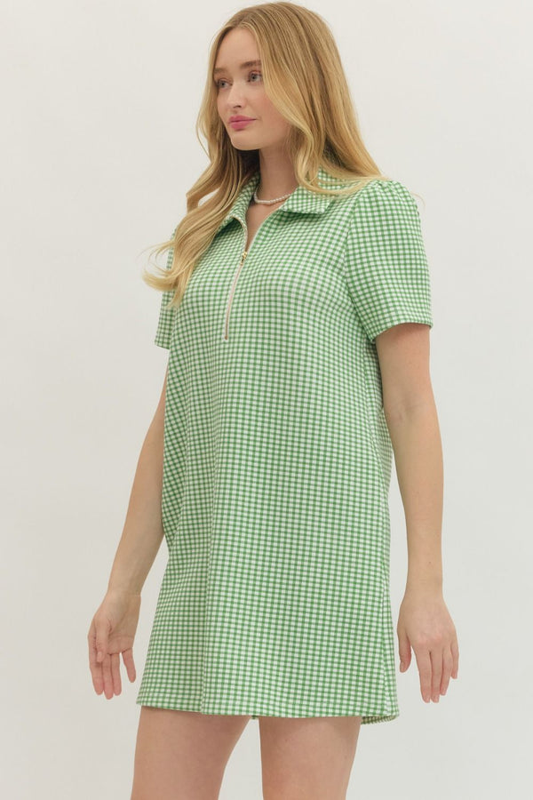 Green Gingham Print Mini Dress w Half Zip Detail